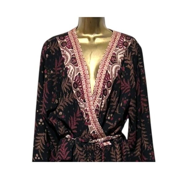 One September Jumpsuit XL Wide Leg Wrap Bodice Embroidered Black Burgundy Resort - Picture 4 of 12